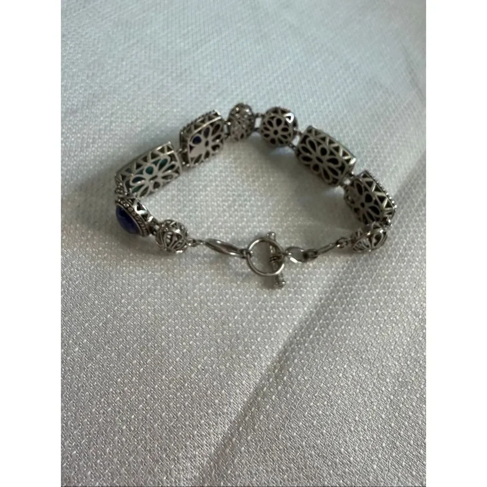 ATI Sterling Silver 925 Lapis Lazuli Turquoise Cabochon Panel Toggle Bracelet